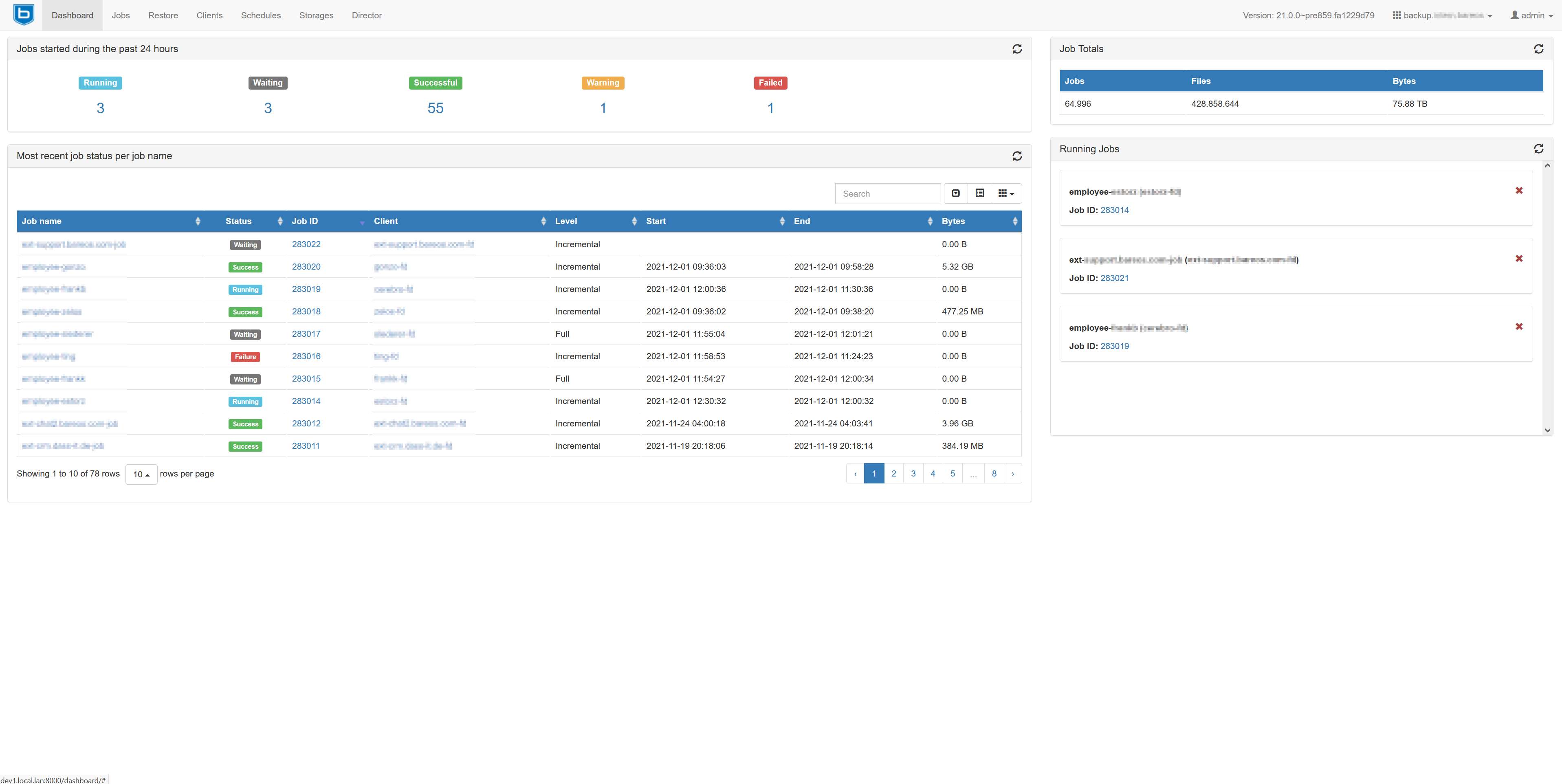 Bareos WebUI: Dashboard