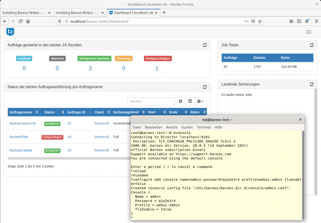 Bareos WebUI: dashboard and bconsole