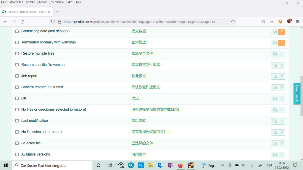 POEditor-Screenshot, Bareos WebUI Internationalisierung