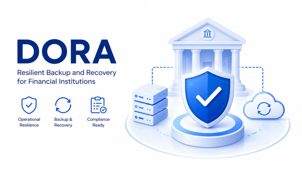 DORA backup and recovery concept for financial institutions with bank, shield, servers and cloud storage